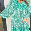 Boho Chic Green Puff Sleeve Tied V Neck Flared Mini Dress - Image 2