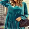 Women's Elegant Sea Green Velvet V Neck Peplum Hem Puff Sleeve Blouse - Image 5