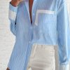 Women's Sky Blue Stripe Contrast Cuffed Sleeve Casual Shirt with Patch Pocket - Image 2