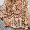 Women's Yellow Floral Print Tie Neck Blouse with Lantern Sleeves - Image 6