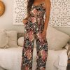 Women's Black Floral Print Belted Sleeveless Wide Leg Jumpsuit for Summer - Image 4