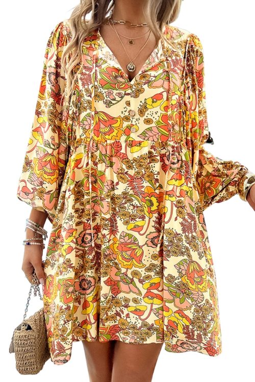 Yellow Cream Floral Print V Neck Puff Sleeve Mini Dress