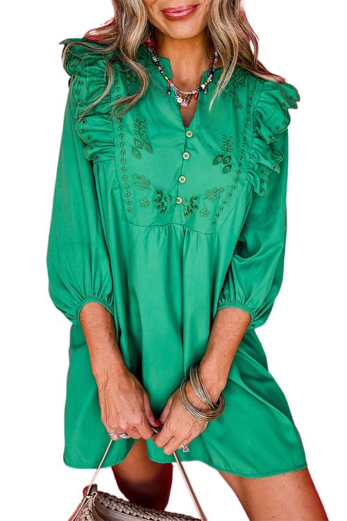 Women's Bright Green Embroidered 3/4 Sleeve V Neck Mini Dress