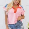 Women's Gossamer Pink Color Block Half Buttoned Ruffled Short Sleeve T-Shirt - Image 6