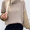 Women's Smoke Gray Striped Plaid Patchwork Waffle Knit Turtleneck Sweater - Image 5