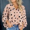 Women's Khaki Classic V Neck Leopard Print Long Sleeve Blouse - Image 3