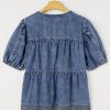 Women's Plus Size Sail Blue Drawstring V Neck Puff Sleeve Denim Blouse - Image 10