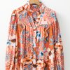 Women's Orange Floral Print Shirred Cuff Buttoned Loose Shirt - Chic Bohemian Style - Image 3