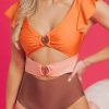 Elegant Orange Ruffle Sleeve Tricolor Cutout Front Ring One Piece Swimsuit - Image 12