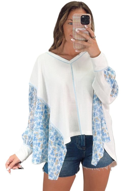 Women's White Abstract Floral Patchwork Batwing Sleeve V Neck Blouse