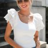 Women's White Eyelet Ruffle Sleeve Slim Fitted Top - Chic Summer Blouse - Image 15