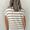 Women's Brown Stripe Short Sleeve Sweater Tee with Side Slits - Image 2