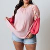 Women's Plus Size Pink Contrast Floral Patchwork Long Sleeve Blouse - Image 3