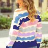 Women's Dark Blue Wave Striped Balloon Sleeve Drop Shoulder Sweater - Image 2