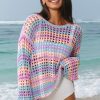 Women's Purple Multi Stripe Open Knit Sweater Beach Cover Up - Image 2