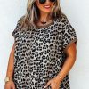 Women's Khaki Leopard Contrast Trim Short Sleeve Loose Plus Size Top - Image 4