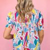 Women's Multicolour Abstract Print Blouse with Lace Detail and Shirred Short Sleeves - Image 10