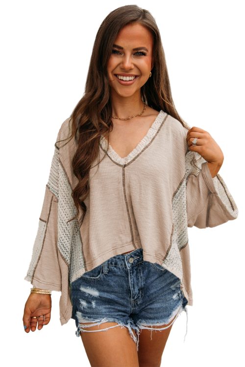 Women's Parchment Crochet Detail Exposed Seam High Low Loose Top