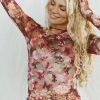 Women's Red Floral Print Sheer Mesh Long Sleeve Top - Elegant and Stylish - Image 3