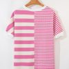 Women's Pink Stripe Patchwork Textured Short Sleeve High Low Loose Top - Image 10