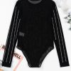 Women's Black Rhinestone Decor Striped Mesh Long Sleeve Bodysuit for Night Out - Image 8