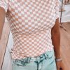 Women's Pink Checkered Ribbed Slim Fit Crew Neck T-Shirt for Casual Wear - Image 2