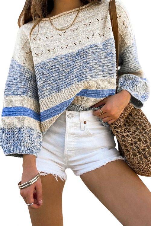 Women's Light Blue Open Stitch Puff Sleeve Sweater