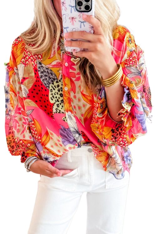 Women's Red Abstract Floral Print Buttoned Ruffled Bubble Sleeve Shirt