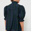 Elegant Green Stripe Plaid Puff Sleeve Blouse with Frilled Trim - Image 2