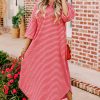 Strawberry Pink Striped Semi-Fitted Shift T-Shirt Dress with 3/4 Sleeves - Image 3