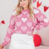 Women's Cozy Pink Pearled Heart Print Crew Neck Sweater for Valentine's Day - Image 2