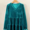 Women's Elegant Sea Green Velvet V Neck Peplum Hem Puff Sleeve Blouse - Image 14