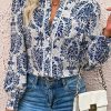 Women's Sky Blue Bohemian Printed Bishop Sleeve Lace Shirt - Image 2