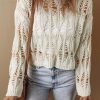 Women's White Cut Out Crochet Crew Neck Loose Fit Sweater - Image 6