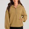 Women's Brown Oversized Kangaroo Pocket Half Zipper Hoodie - Image 5