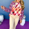 Women's Rose Red Abstract Geometric Patchwork Puff Sleeve Blouse - Image 3