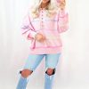 Women's Pink Rainbow Stripes Drop Shoulder Baggy Henley Sweater for Cozy Winter Style - Image 5