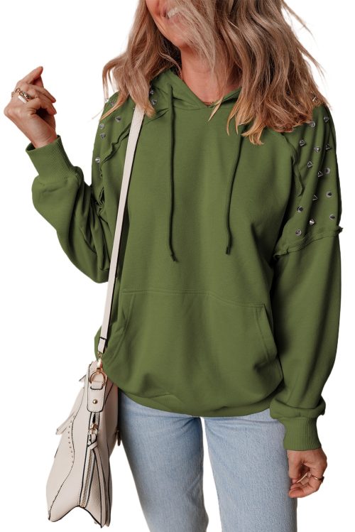 Women's Vineyard Green Solid Color Hoodie with Rivet Studs and Pocket