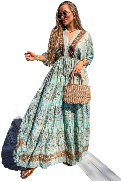 Women's Green Boho Floral Print Lace-up Open Back High Waist Maxi Dress