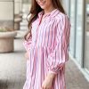 Women's Pink Stripe Ruffled Hem Button-up Collared Mini Dress - Image 3