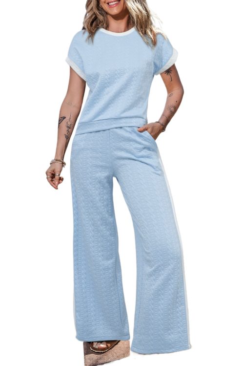 Women's Beau Blue Textured Colorblock Edge Tank Top and High Waist Pants Set