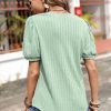 Women's Mist Green Textured Round Neck Short Puff Sleeve Top for Casual and Office Wear - Image 2