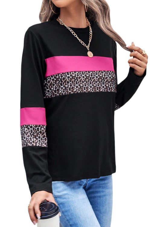 Women's Rose Leopard Colorblock Patchwork Crew Neck Long Sleeve Tee