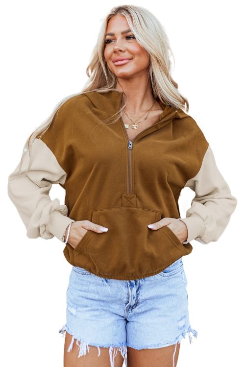 Women's Stylish Chestnut Color Block Half Zip Hoodie