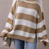 Women's Light French Beige Colorblock Striped Drop Shoulder Sweater with Side Slit - Image 8