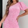 Pink Sequin One Shoulder Puff Sleeve Bodycon Mini Dress - Image 6