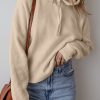 Women's Beige Solid Color Drawstring Hooded Drop Shoulder Pullover Sweater for Ultimate Comfort - Image 6