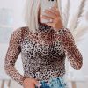 Women's Brown Leopard Smocked Neck Mesh Long Sleeve Bodysuit - Chic & Trendy - Image 2