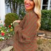 Women's Brown Stripe Trimmed Round Neck Drop Shoulder Loose Sweater - Image 2