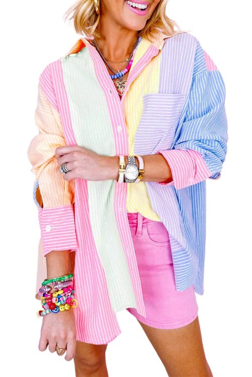 Women's Pink Stripe Oversized Color Block Shirt with Chest Pocket